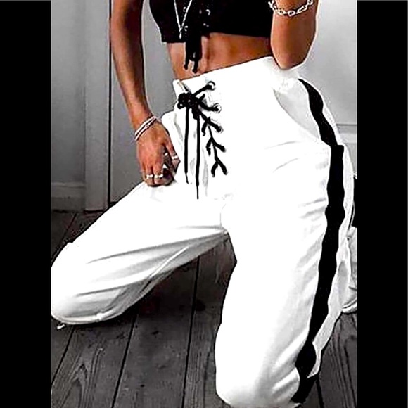 White W/ Black Stripes Black Laced Up Shoestrings Reflective Striped Joggers - Picture 2 of 5